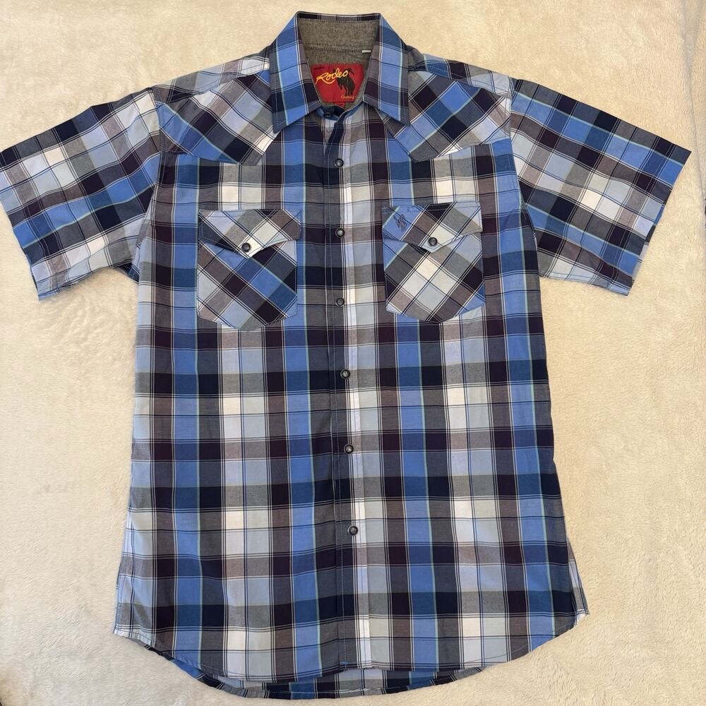 Rodeo Clothing blue plaid short-sleeve western shirt.